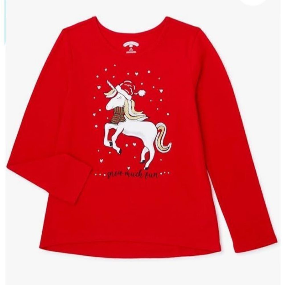 Holiday Time Girls Red Christmas Unicorn Snow Much Fun Long-Sleeved Tee XXL (18)